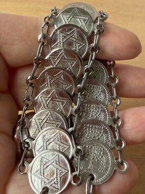 Vintage Israel Judaica Menorah Star of David-Reversible Coin Bracelet Silvertone